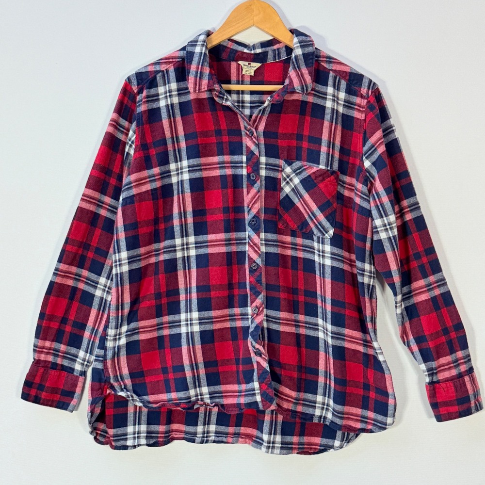 Woolrich Flannel Shirt Womens XXL‎ Red Blue White Plaid Button Down Long Sleeve